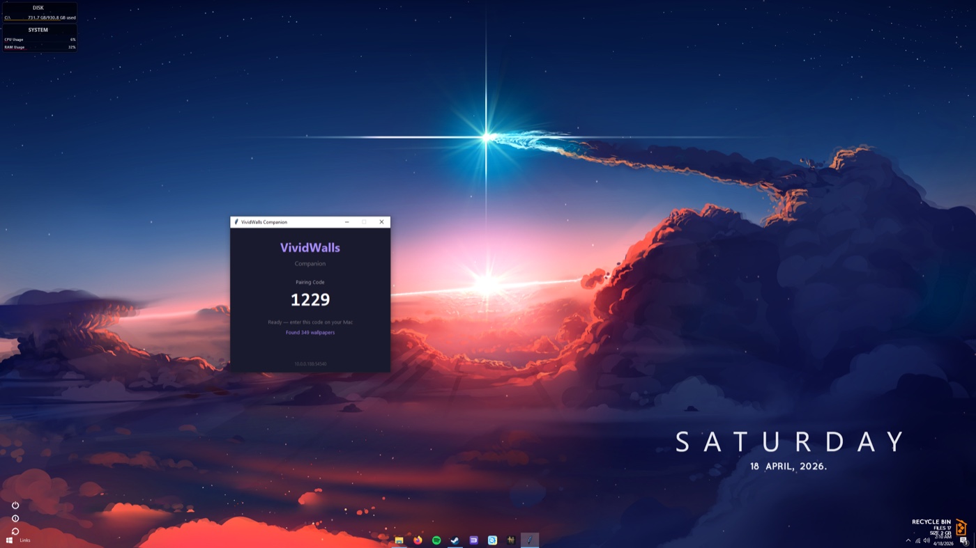 Vivid Walls Companion window on Windows showing a 4-character pairing code and the wallpaper count