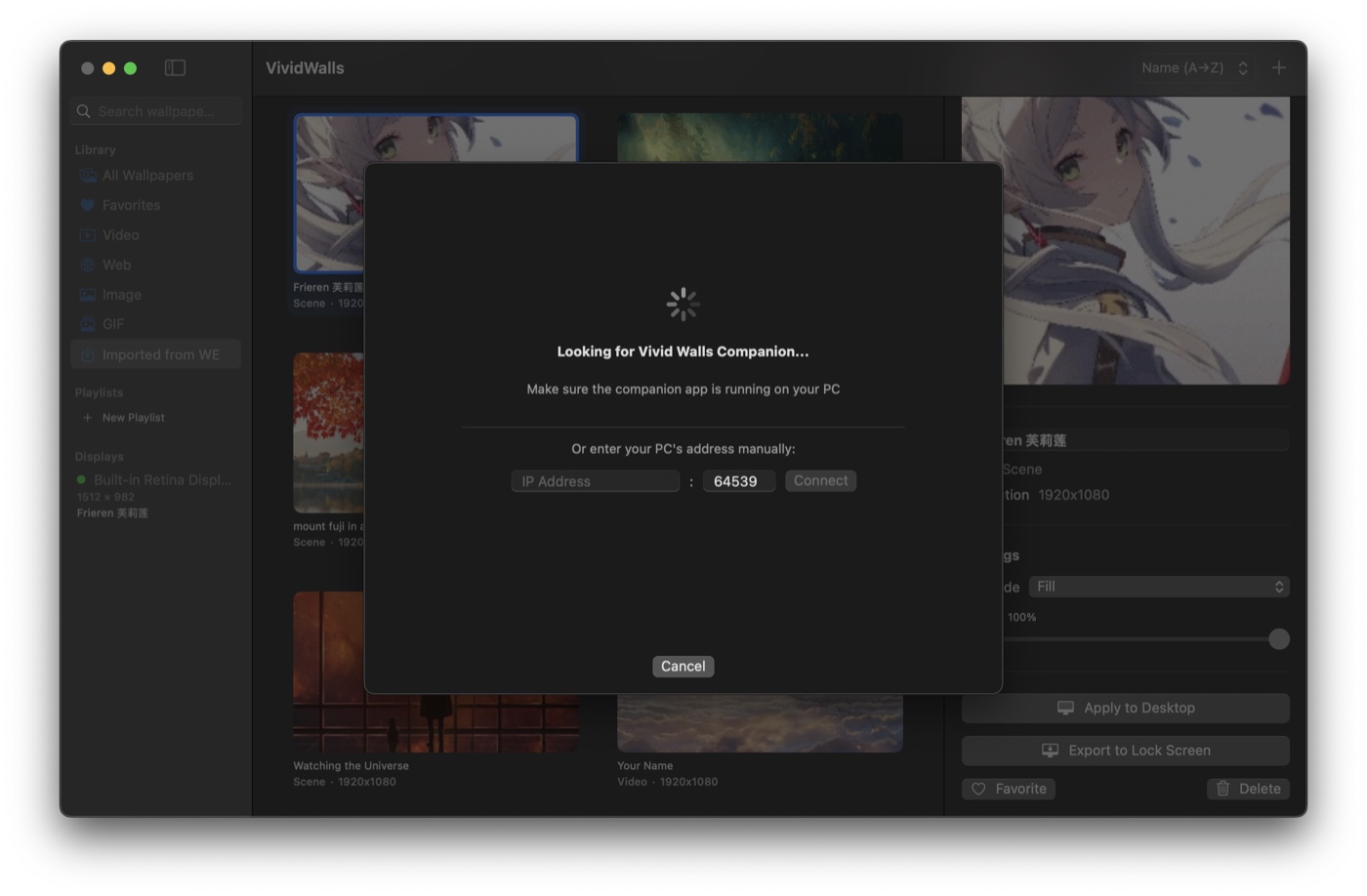 Import from PC wizard on macOS showing Looking for Vivid Walls Companion with a manual IP address fallback