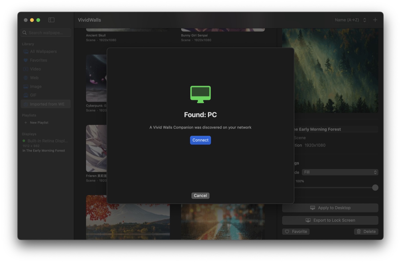 Vivid Walls on macOS showing the Found: PC discovery dialog with a Connect button