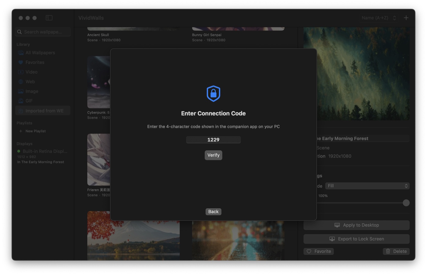 Enter Connection Code screen on macOS with the 4-character pairing code typed in