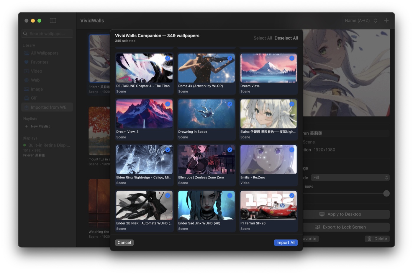 Library selection grid showing wallpaper thumbnails with Select All, Deselect All, Cancel, and Import All buttons