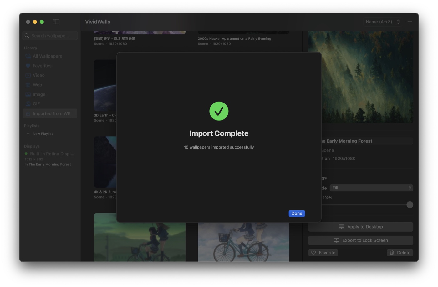 Import Complete dialog confirming the wallpapers were imported successfully