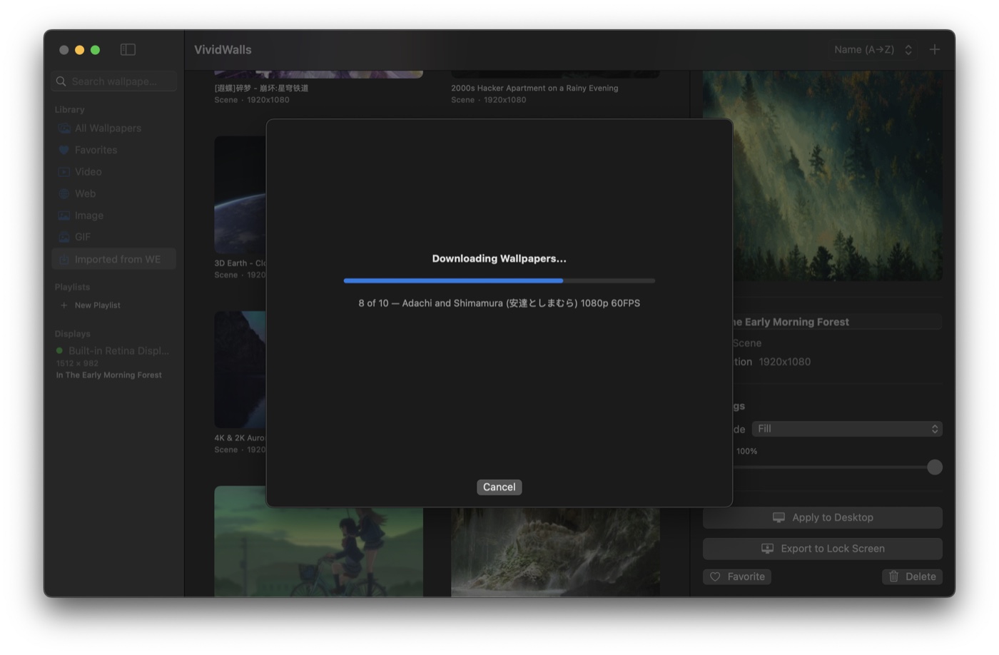 Downloading Wallpapers dialog with a progress bar showing the current wallpaper name