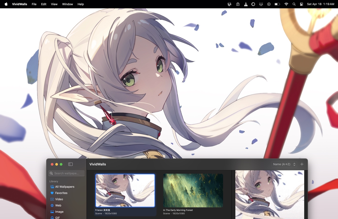 Mac desktop with a Wallpaper Engine scene applied and the Vivid Walls library window visible